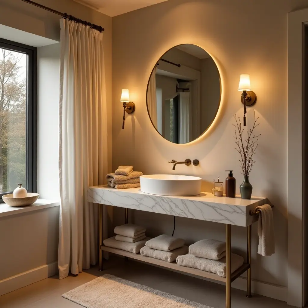 a photo of a cozy bathroom vanity featuring soft textiles and warm lighting