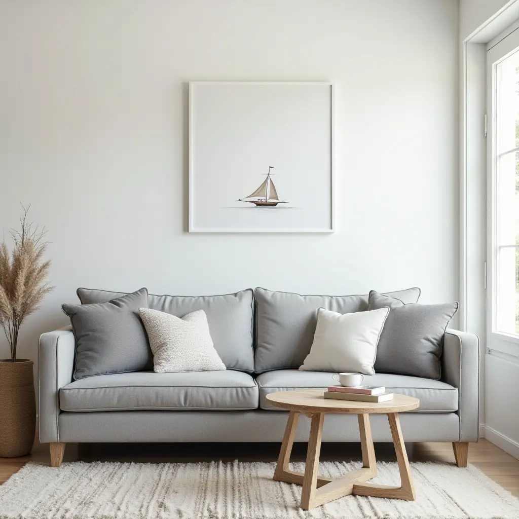 a photo of a grey sofa in a coastal-themed living room with nautical decor