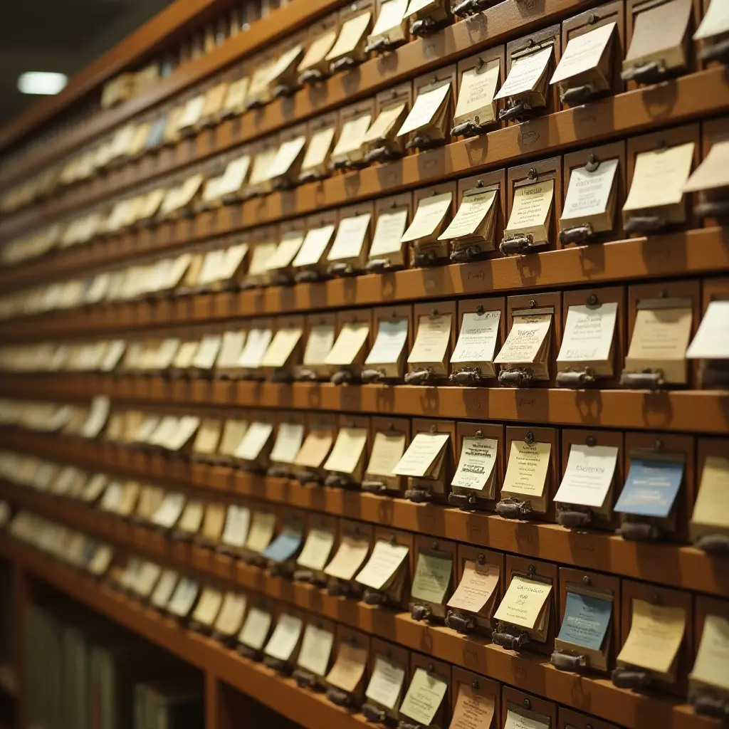 a photo of a wall of framed library card catalog cards