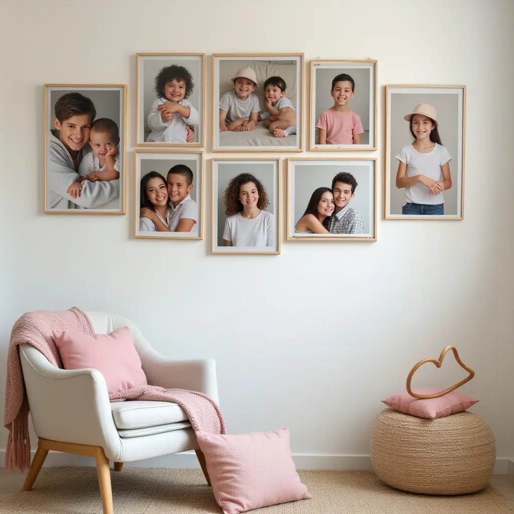 a photo of a photo collage gallery wall with family and friends' pictures in a teen's cozy space