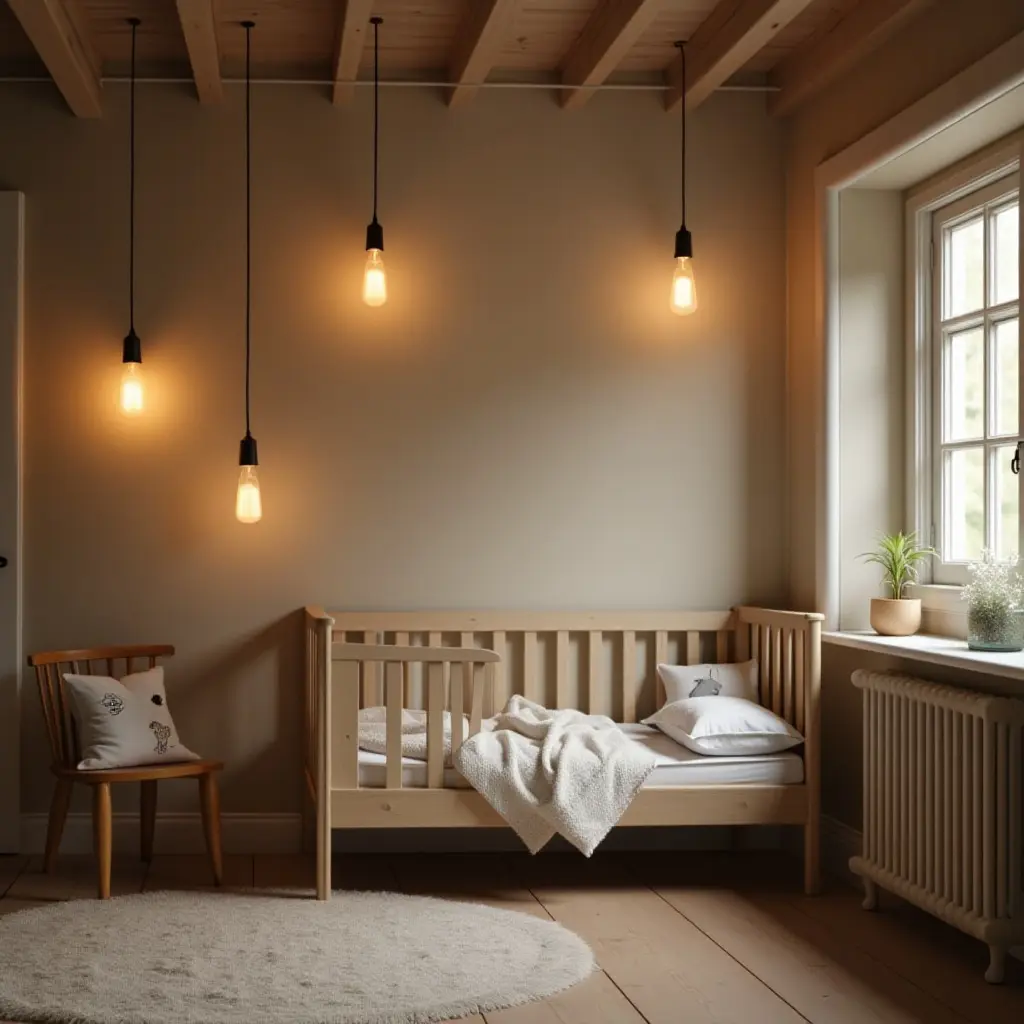 a photo of vintage pendant lighting in a cozy, rustic child's room