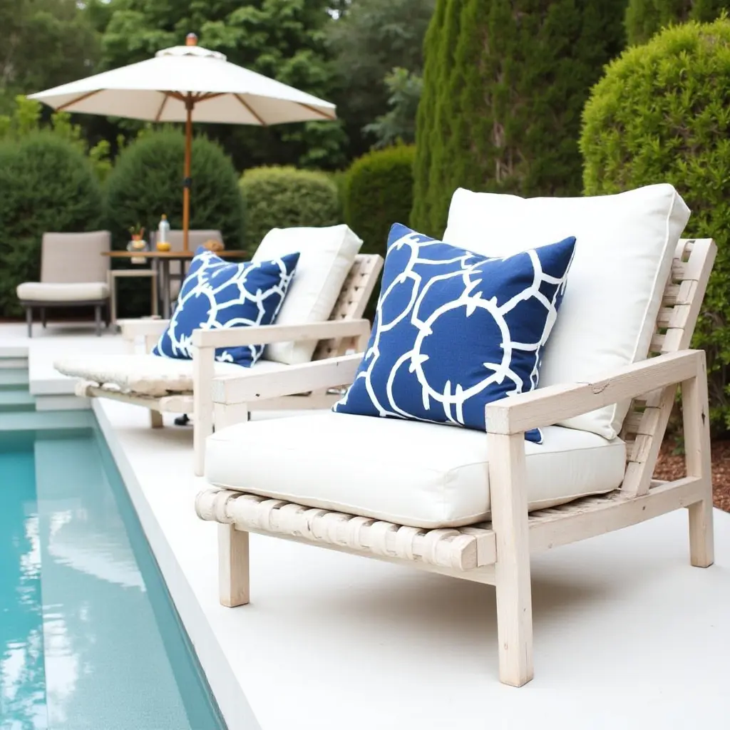 a photo of geometric throw pillows adding style to a pool deck