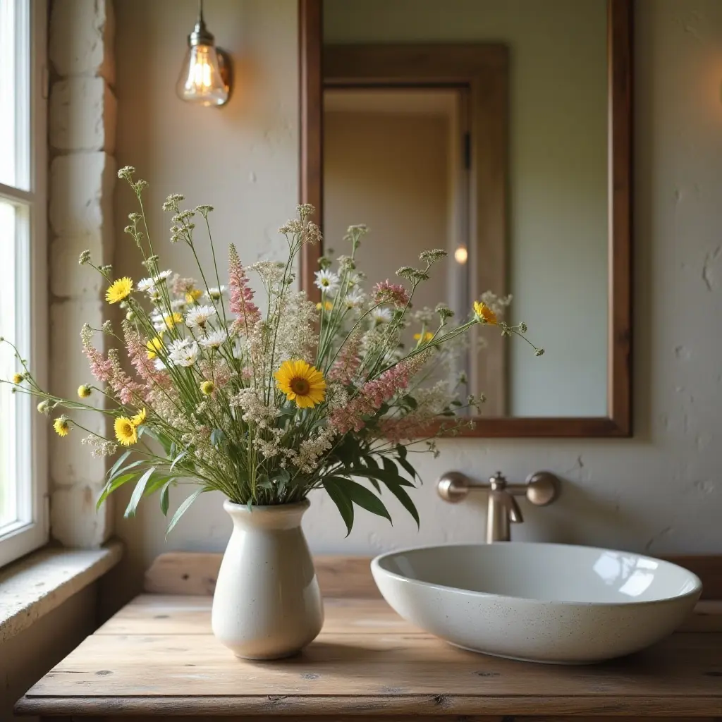 a photo of a rustic bathroom with wildflowers in a vase