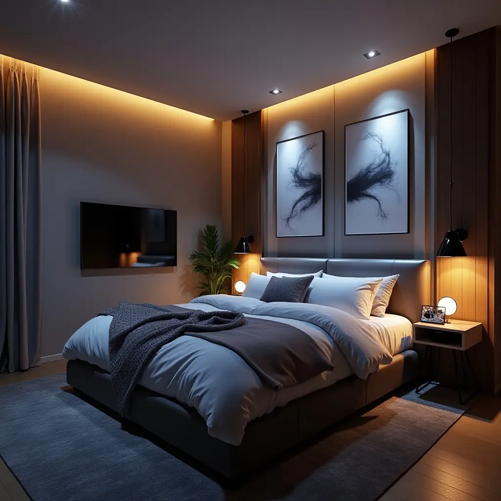 a photo of a tech-savvy bedroom featuring smart lighting and gadgets