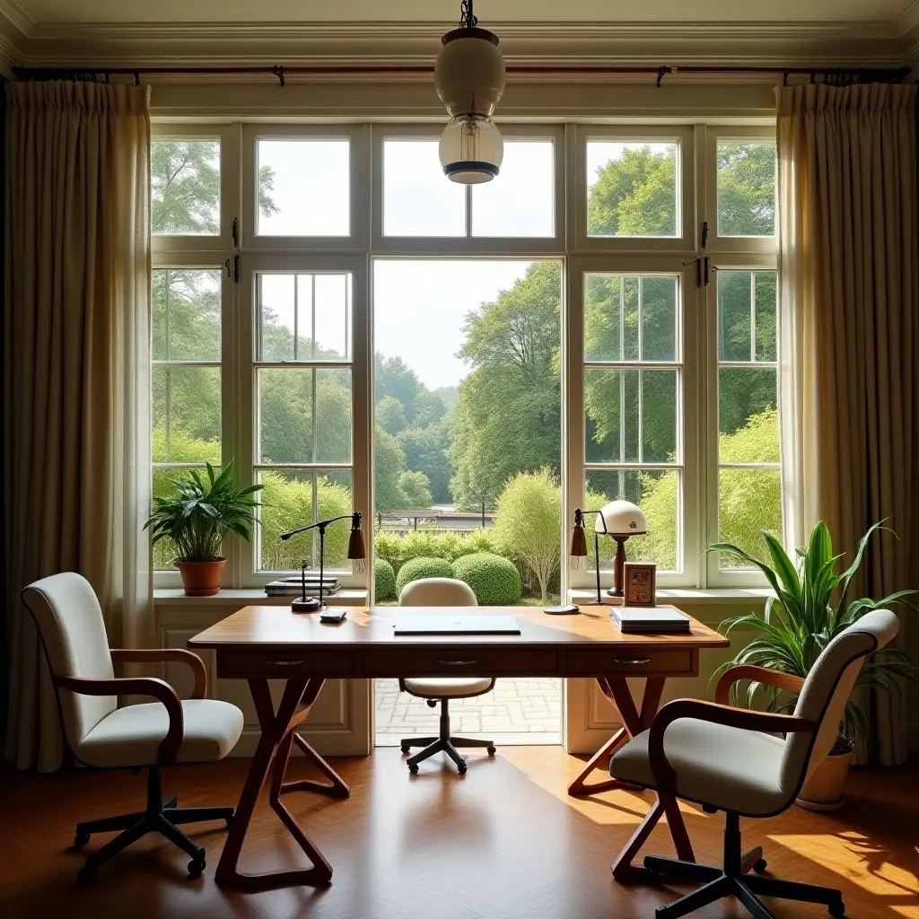 a photo of a charming desk with a view of a garden