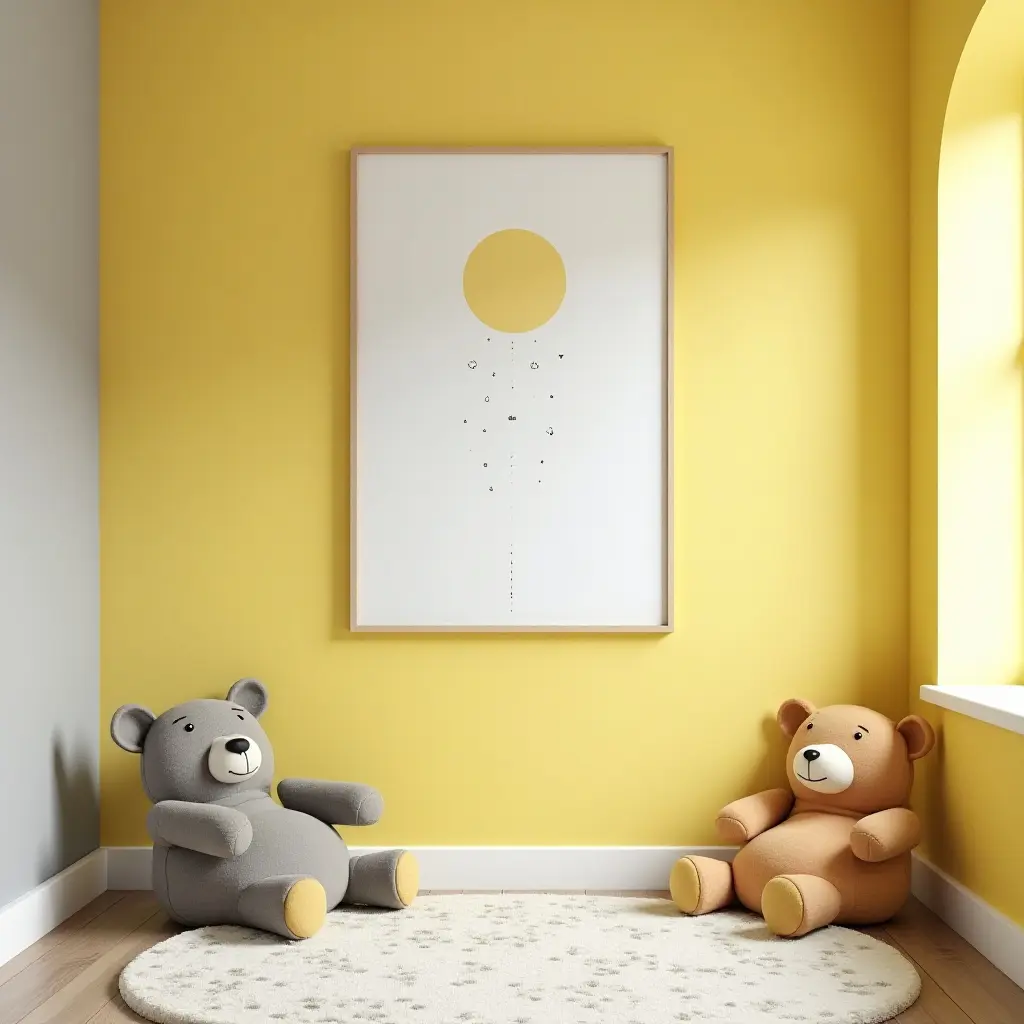 a photo of a sunny yellow and grey kids' room with fun wall art