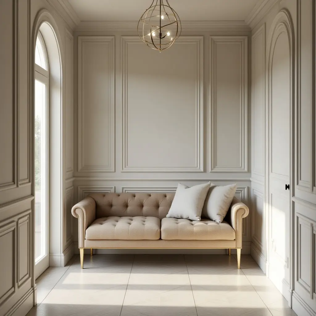 a photo of a chic bench with gold accents in a glamorous hallway