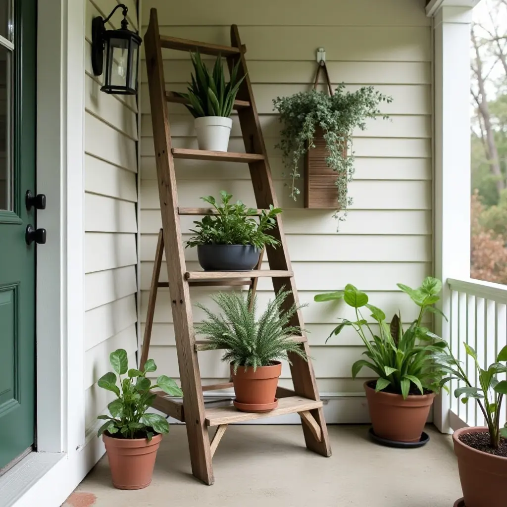 a photo of a repurposed ladder used as a plant stand on a porch