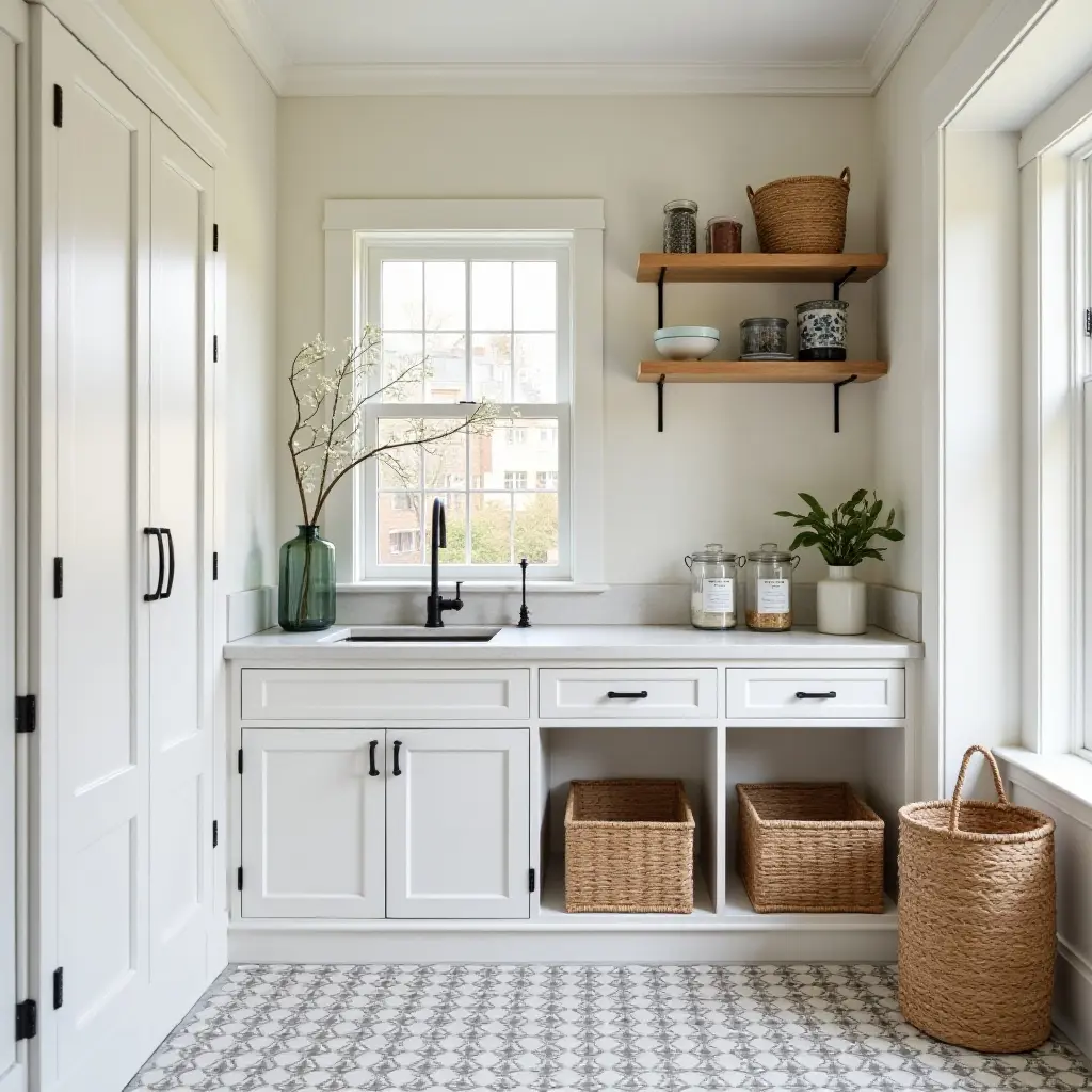 a photo of a chic butler's pantry with patterned tiles and stylish storage baskets