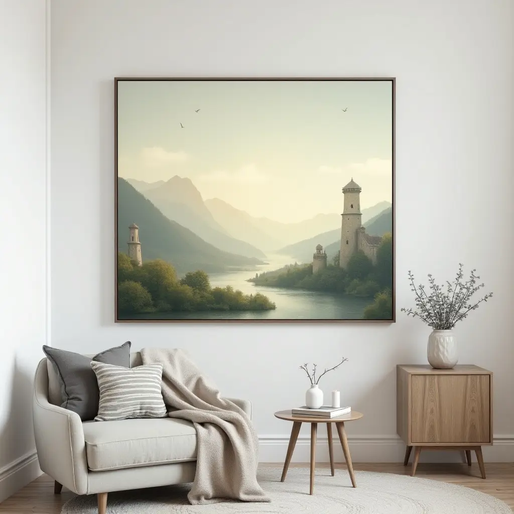 a photo of a large canvas print of a serene landscape