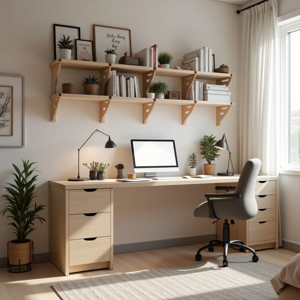 a photo of a creative workspace in a teen's bedroom with organized shelving