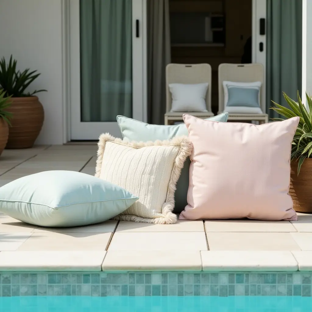 a photo of elegant throw pillows in pastel colors by the pool