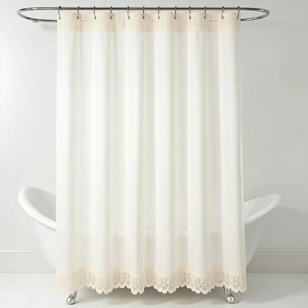 a photo of a vintage-style shower curtain with lace trim