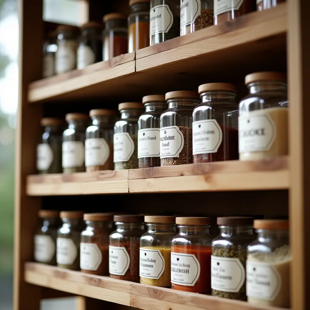 a photo of a wooden spice rack filled with glass jars and labels