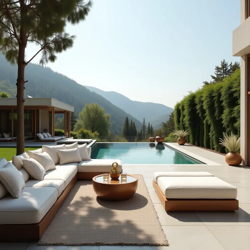 a photo of a luxurious outdoor sectional with a view of the pool