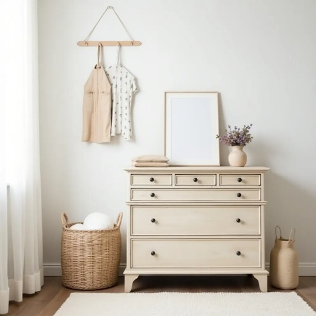 a photo of a nursery with a vintage dresser and decorative storage baskets