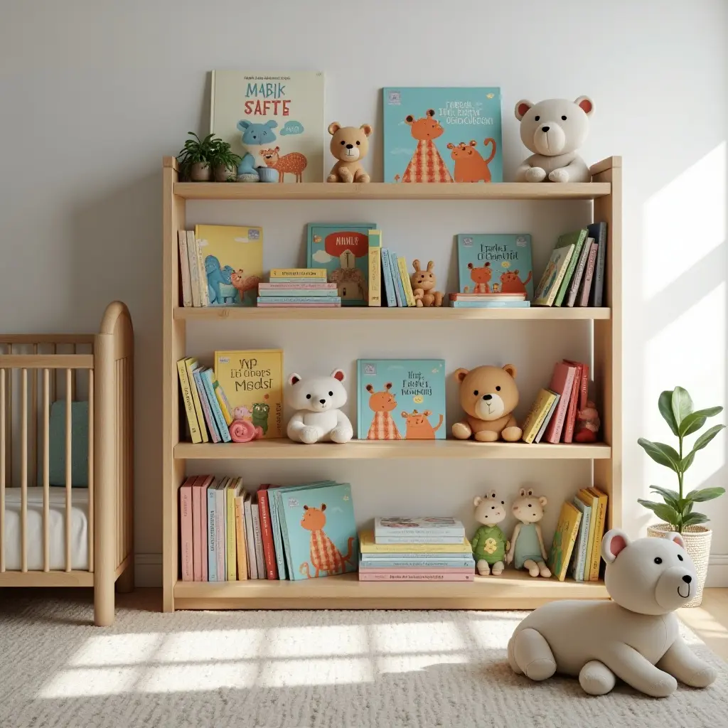 a photo of a colorful bookshelf filled with children's books in a nursery