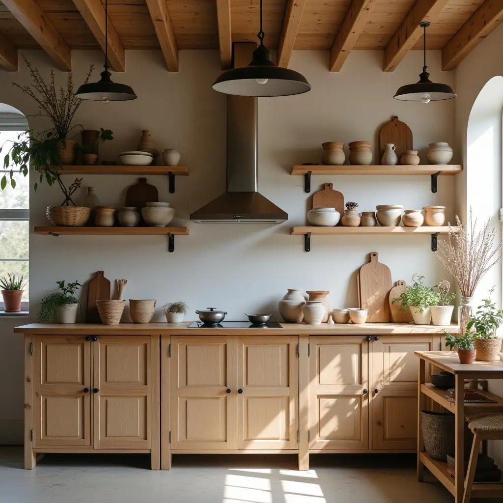 a photo of a kitchen with handmade pottery and artisanal goods