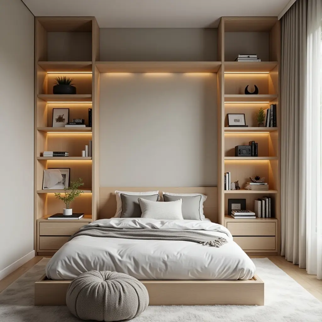a photo of a minimalist teen bedroom shelving with sleek design and lighting