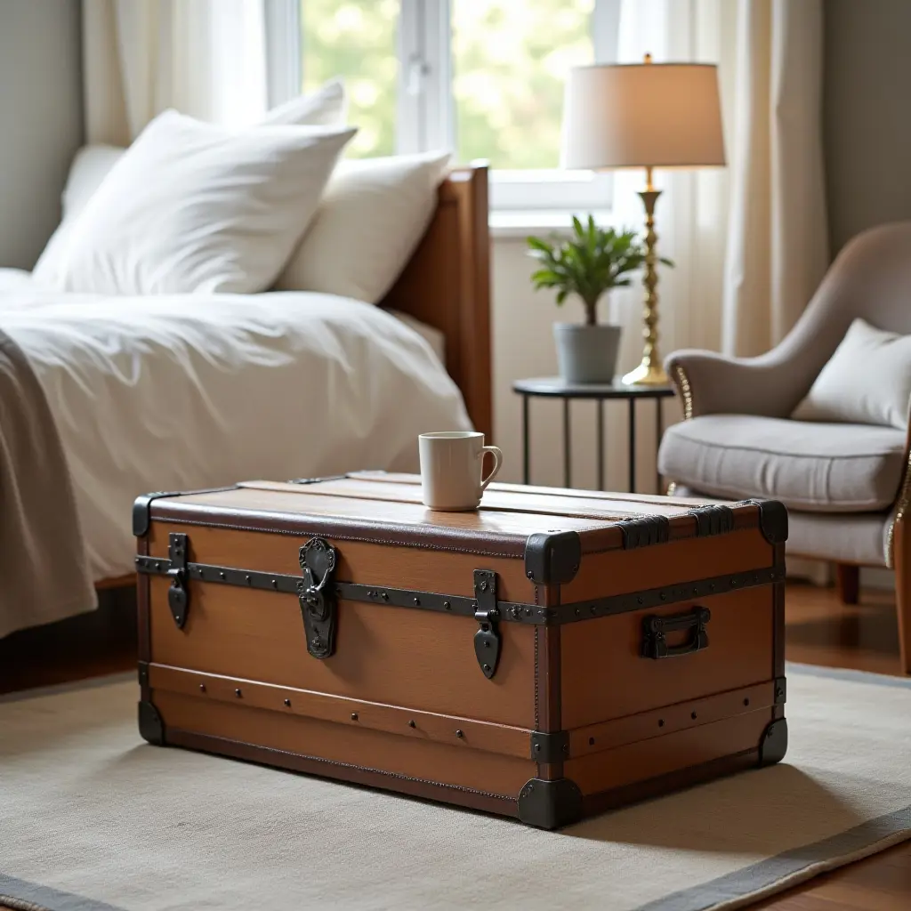 a photo of a wooden trunk used as a coffee table in a teen's bedroom