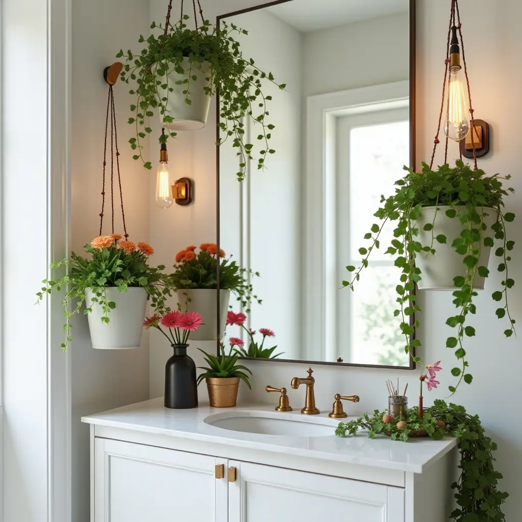 a photo of a bathroom with hanging planters and colorful flowers