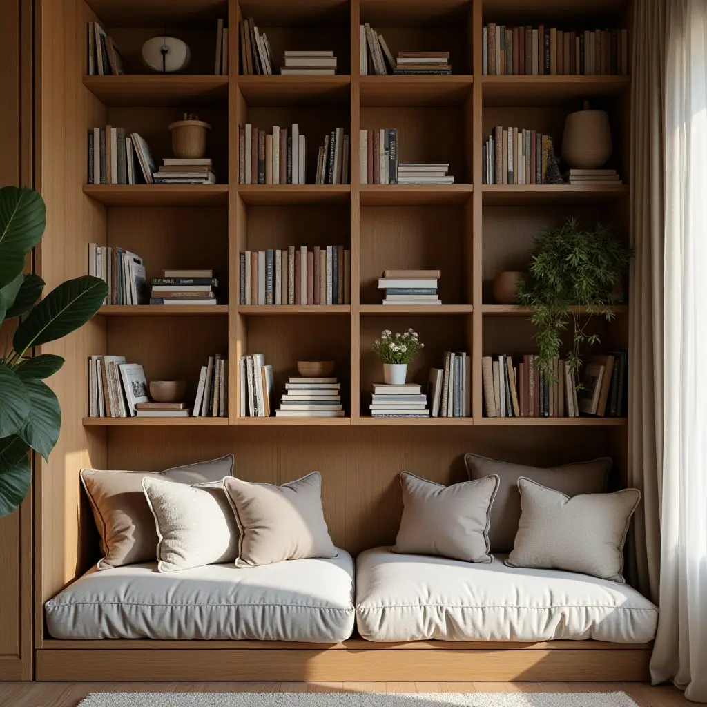 a photo of a cozy reading nook with open shelves filled with books and cushions