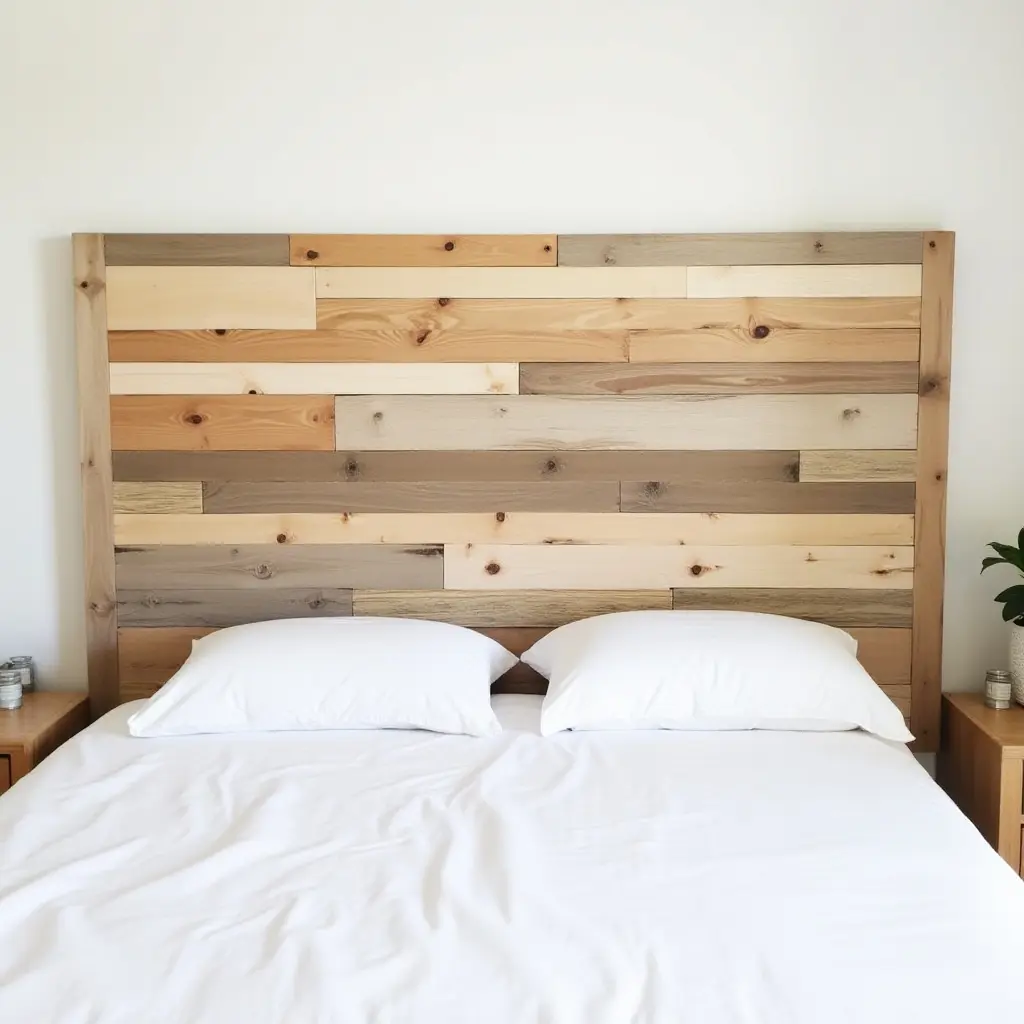a photo of a stylish DIY headboard made from reclaimed wood