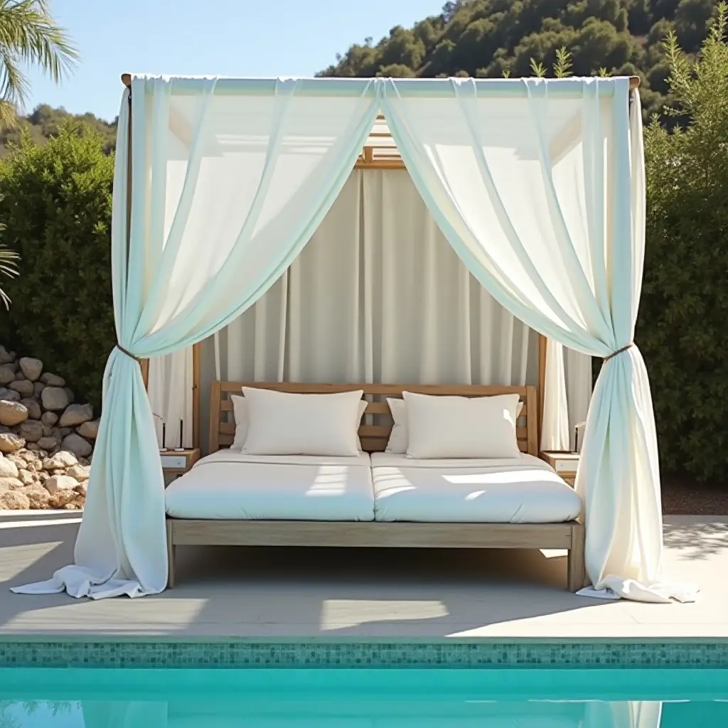 a photo of a luxurious cabana bed with soft linens by the pool