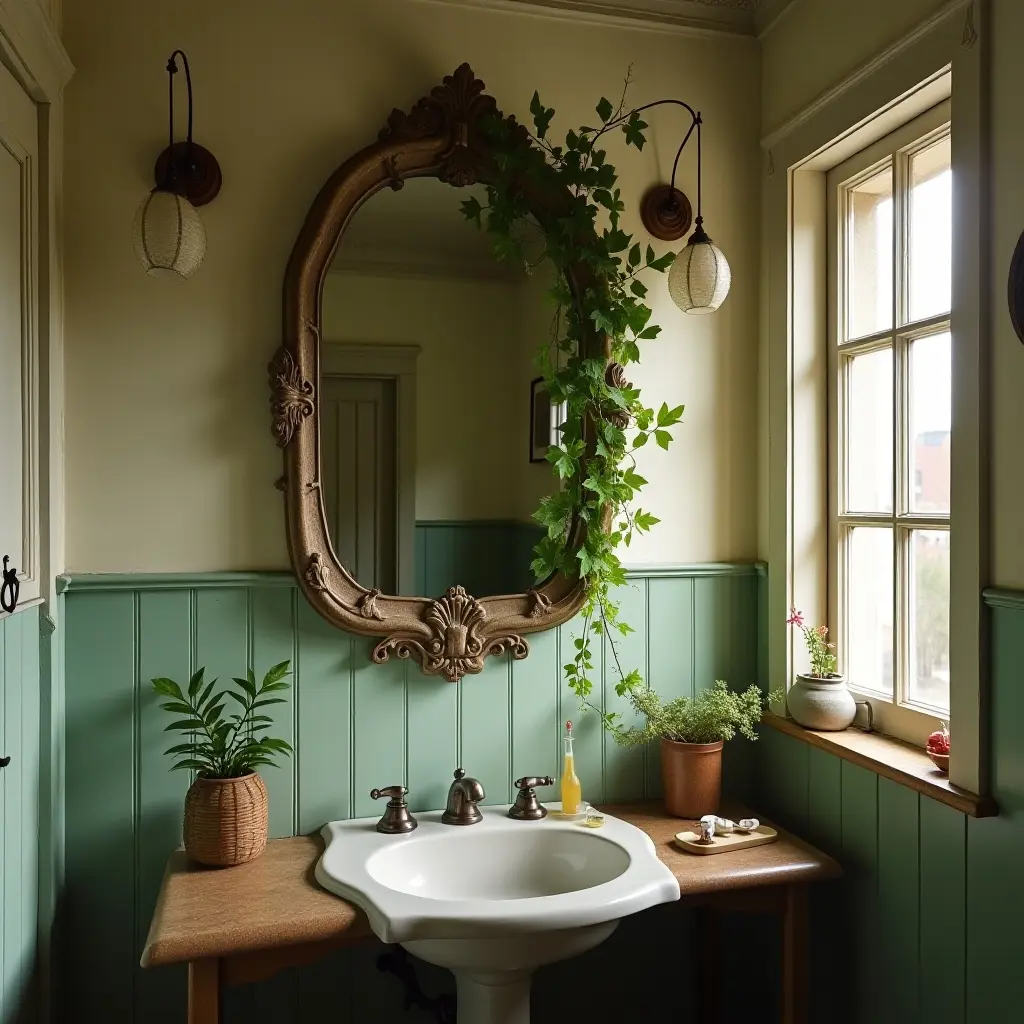 a photo of a vintage bathroom with trailing ivy on the mirror