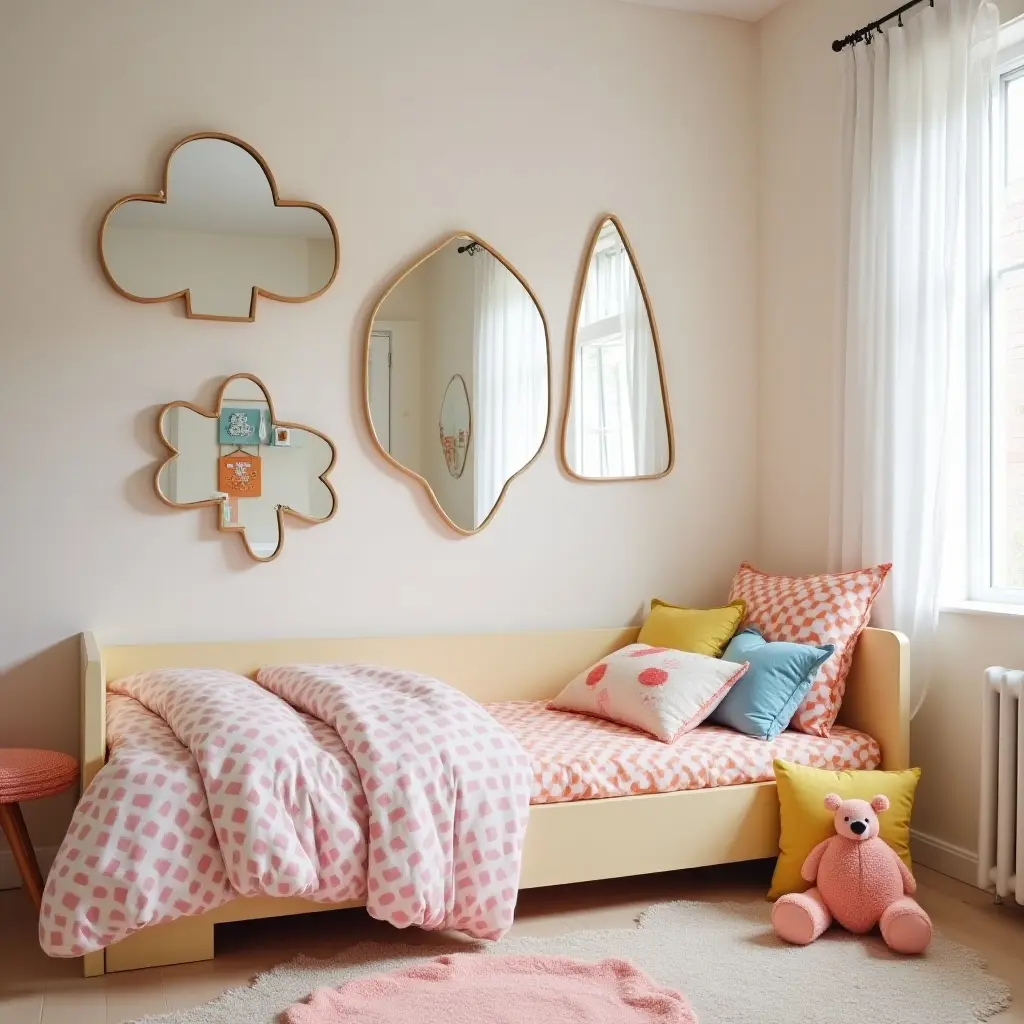 a photo of a fun-themed children's room featuring fun mirror shapes and bright bedding