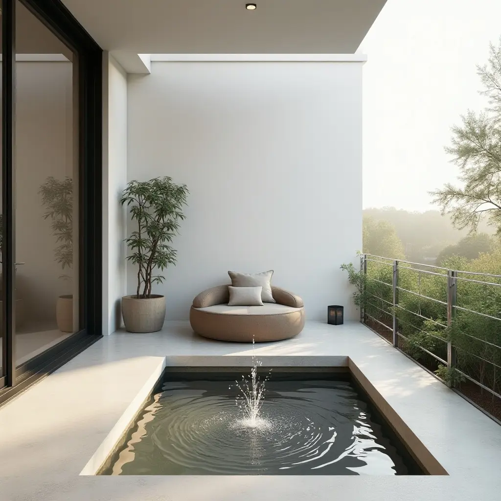 a photo of a minimalist balcony featuring a small water fountain