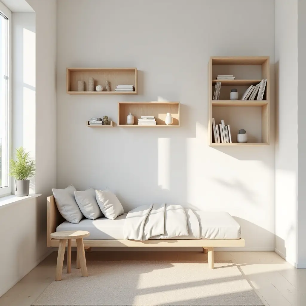 a photo of a stylish small kids' bedroom with wall-mounted shelves