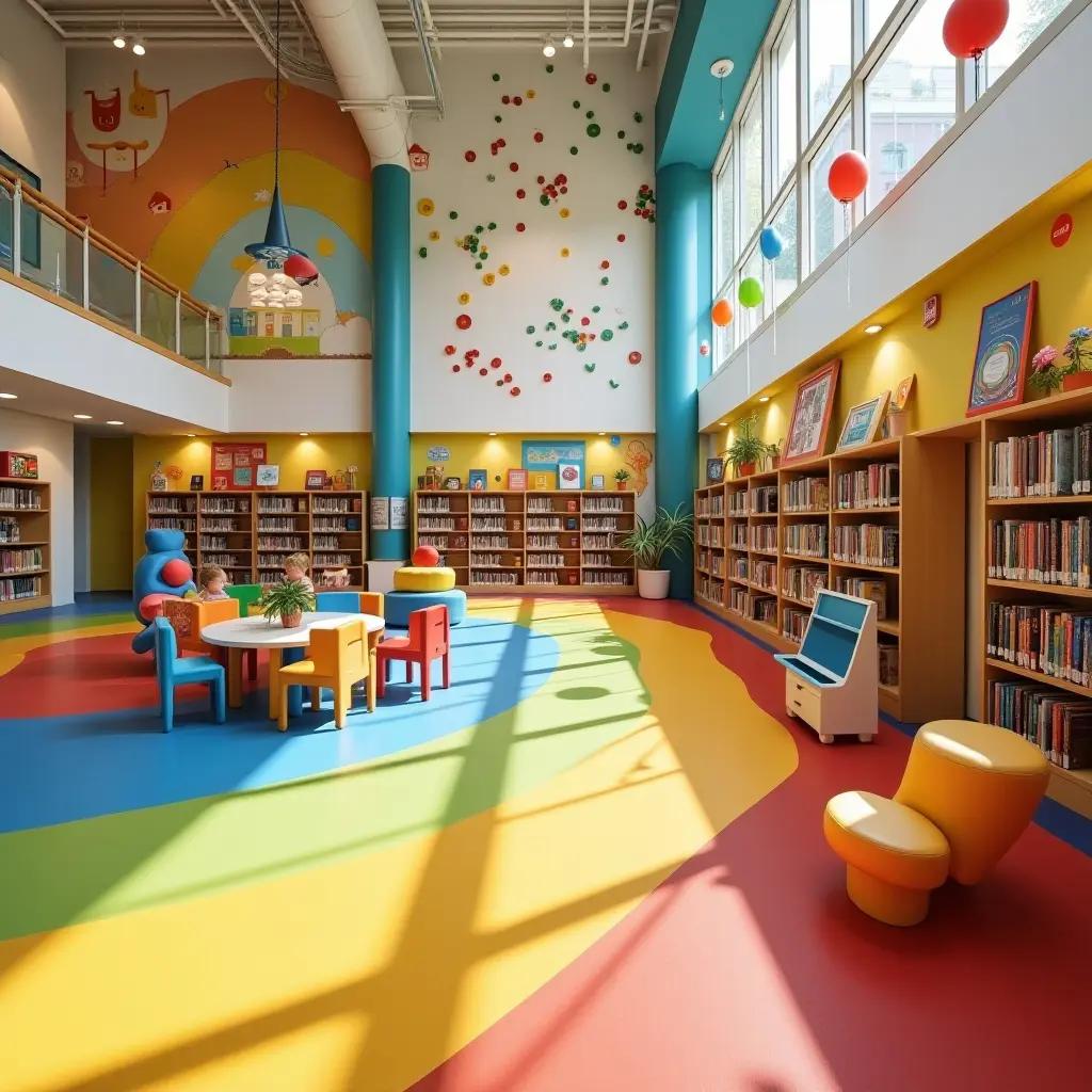 a photo of a vibrant children's library with colorful zones and interactive displays
