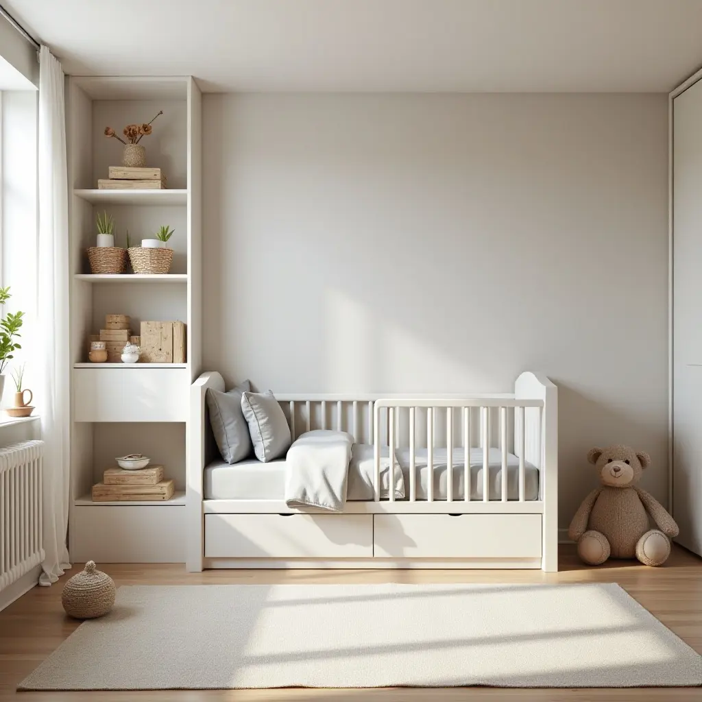 a photo of a sleek kids' bedroom with a modern crib and organized toy storage