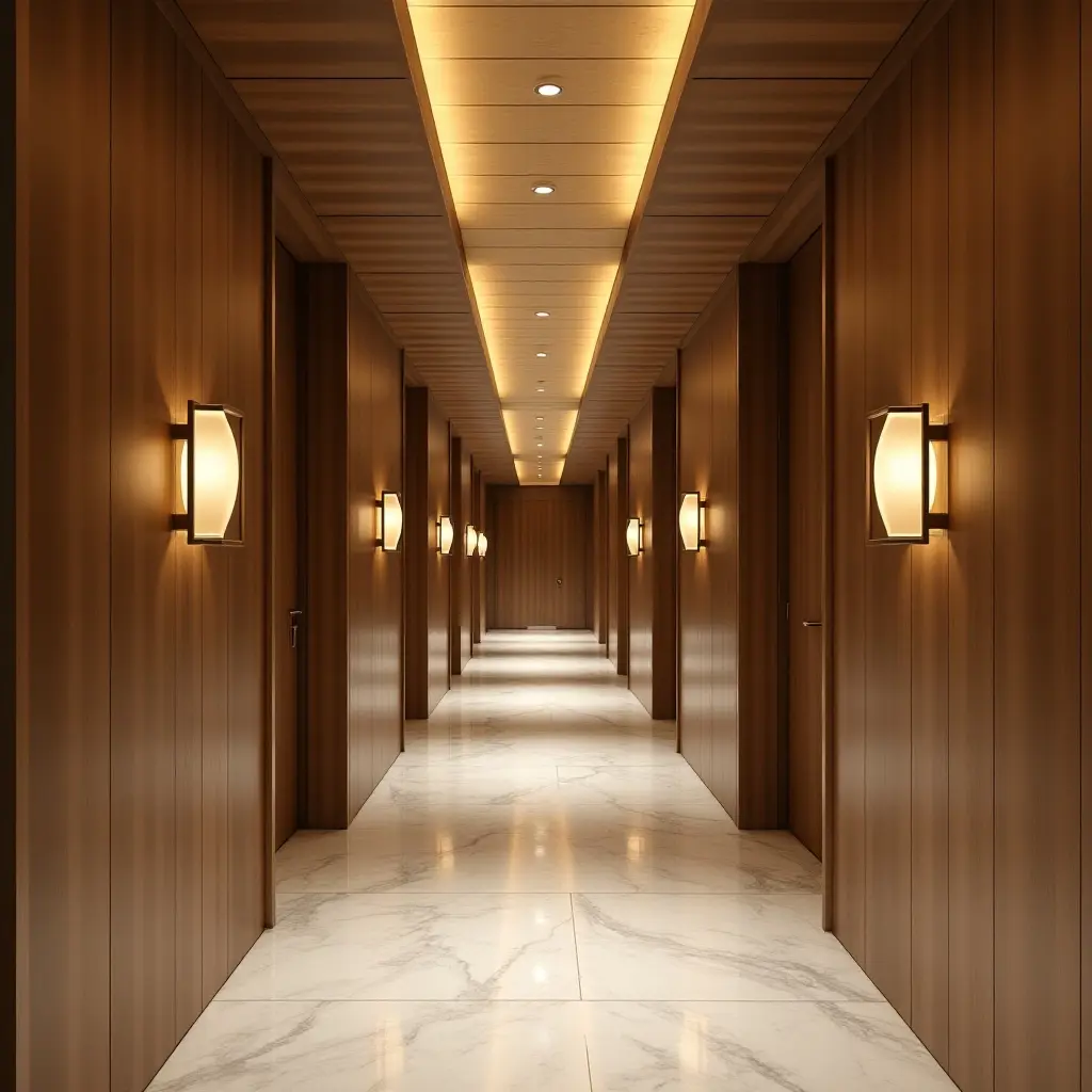 a photo of a corridor featuring a unique ceiling design and fixtures