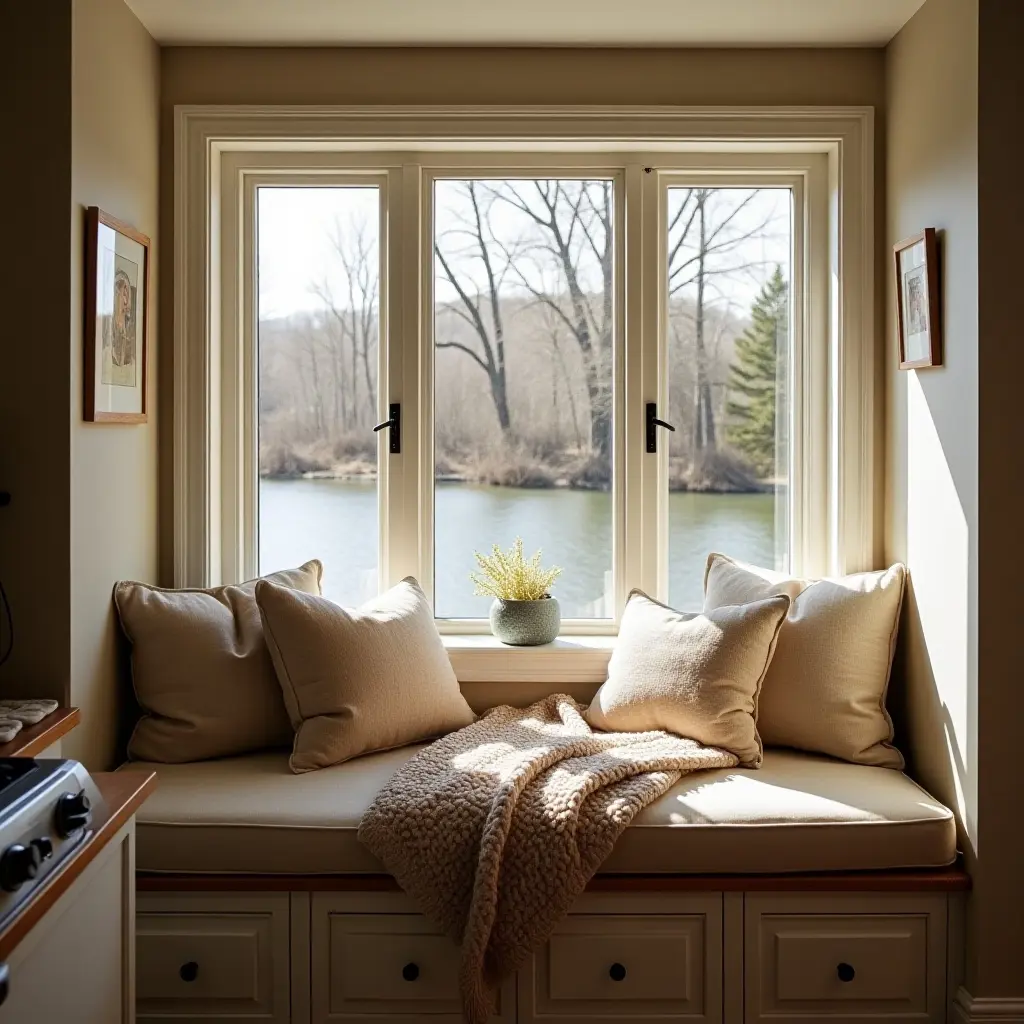 a photo of a cozy kitchen nook with soft cushions and a knitted blanket