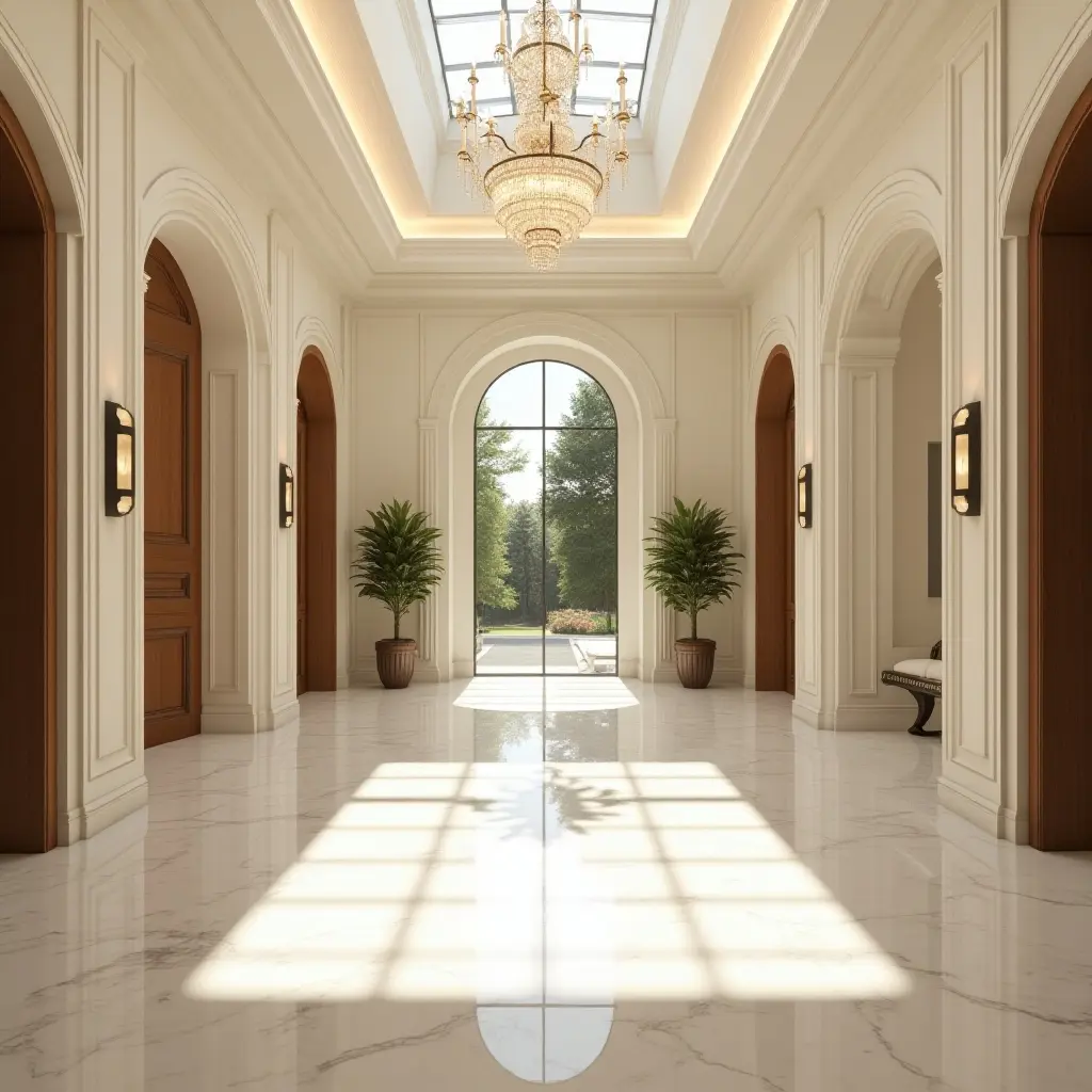 a photo of a spacious entrance hall with a grand chandelier and marble flooring