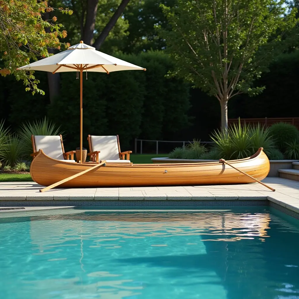 a photo of a wooden canoe used as a decorative element by the pool