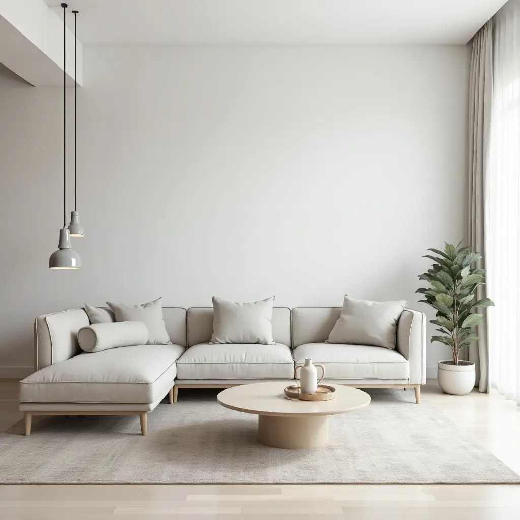 a photo of a stylish minimalist living room with monochromatic decor