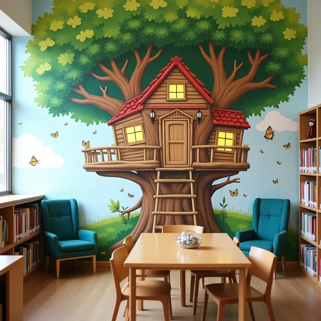 a photo of a whimsical treehouse mural in a children's library