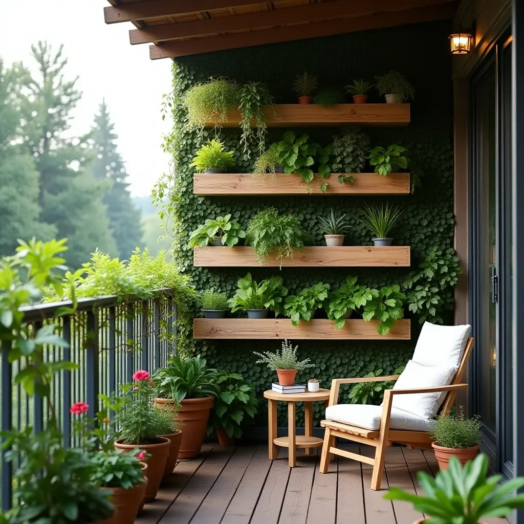 a photo of a balcony with a vertical herb garden and wooden shelves