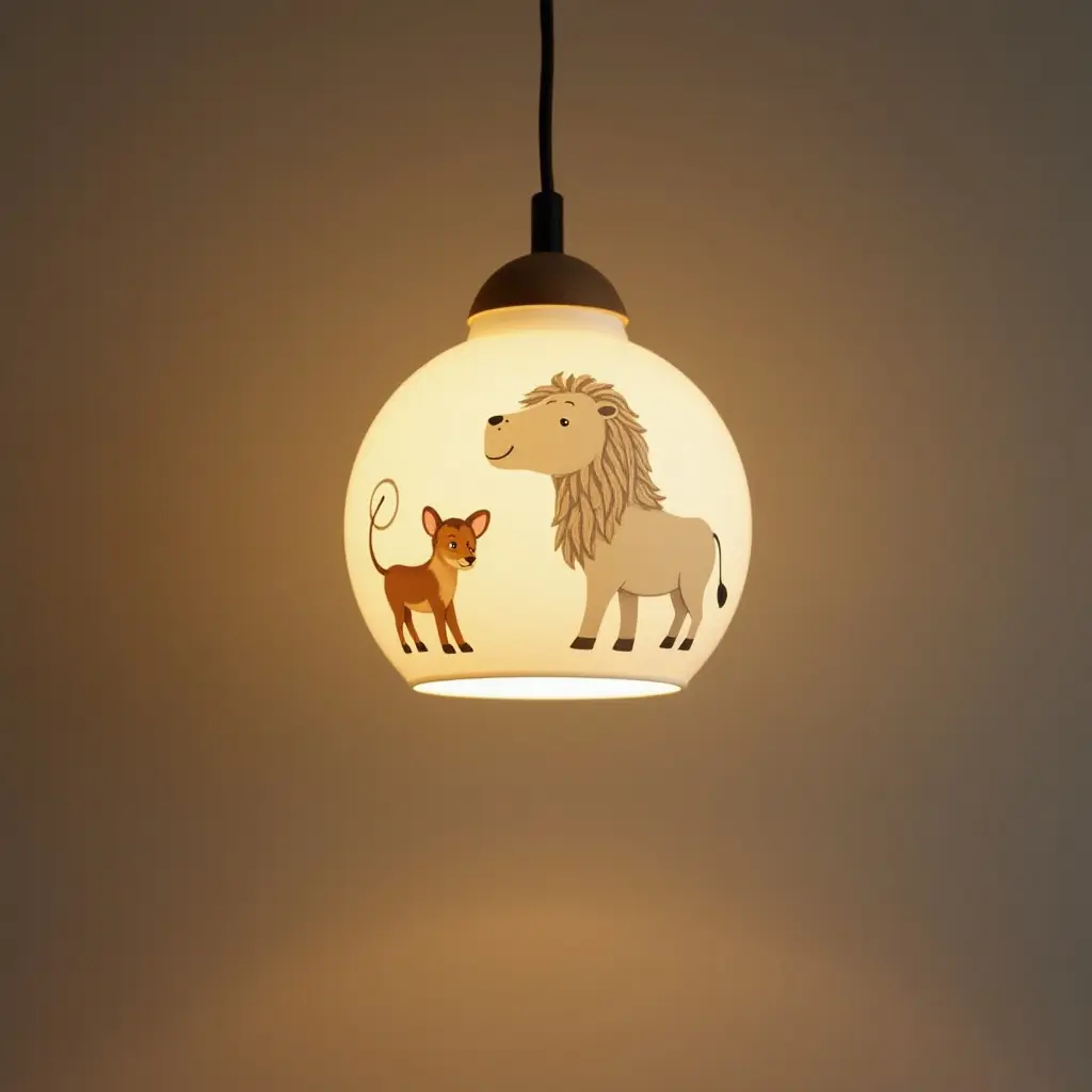 a photo of a pendant light with animal motifs in an adventurous kids' room