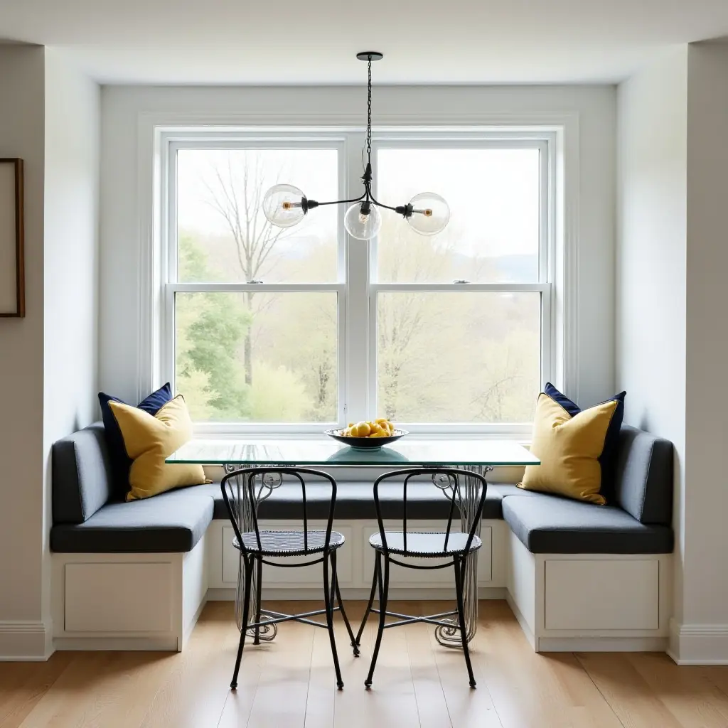 a photo of a contemporary breakfast nook with a glass table and metal chairs