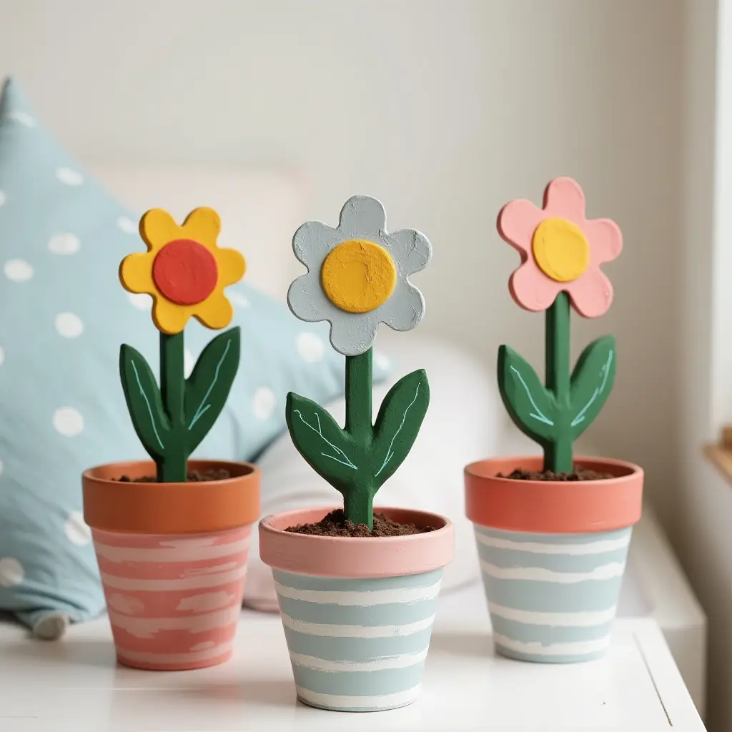 a photo of painted flower pots as bedside decor in a child's bedroom