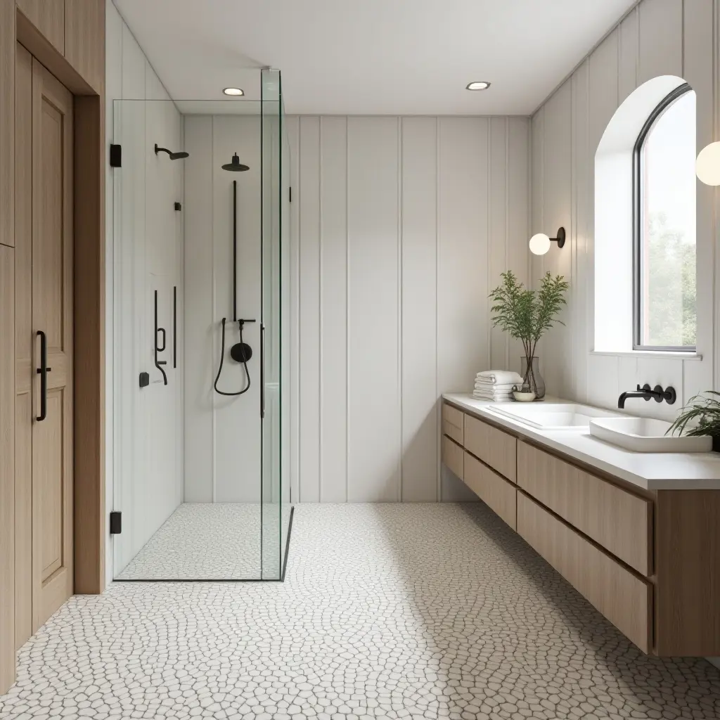 a photo of a bathroom featuring a beautiful mosaic shower floor
