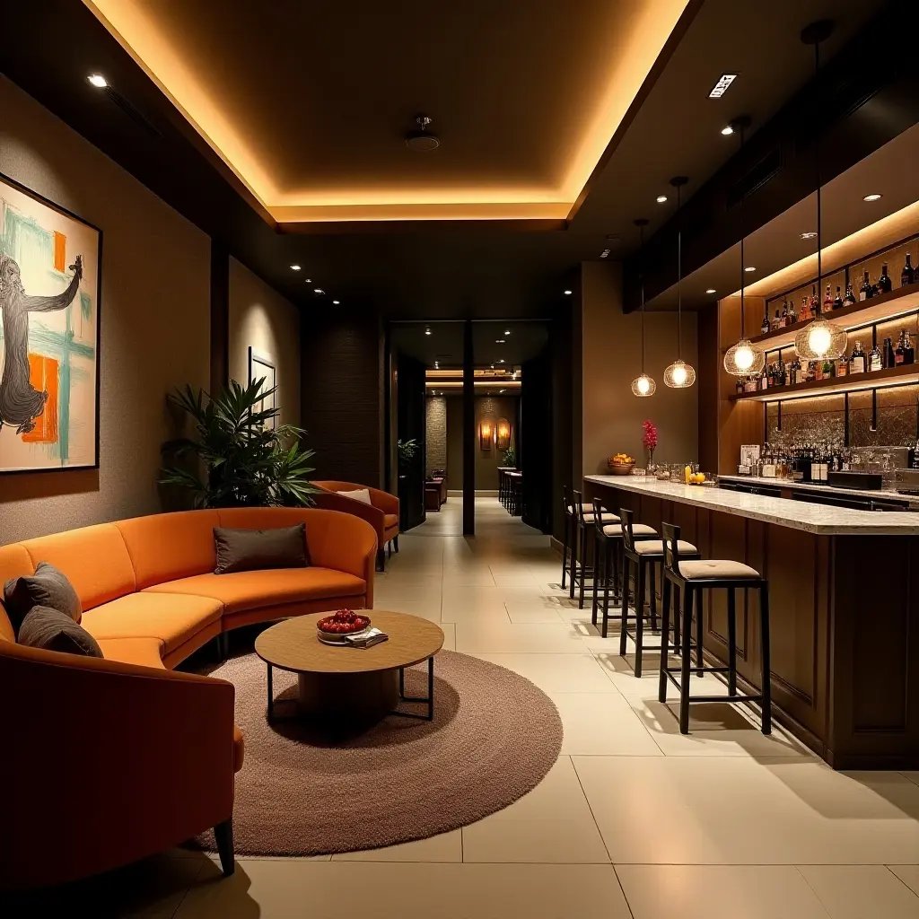 a photo of a basement with a chic bar and stylish seating arrangement