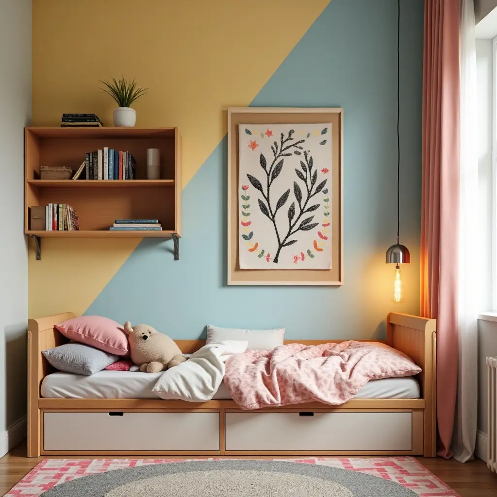 a photo of a vibrant kids' bedroom with fabric wall art, wooden shelves, and metallic light fixtures