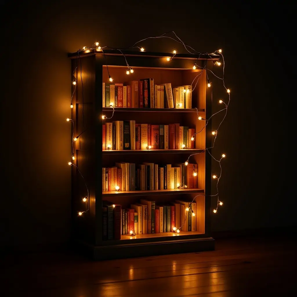 a photo of a small library illuminated by fairy lights