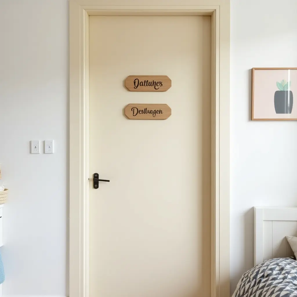 a photo of a charming kids' room with wooden name plaques on the door