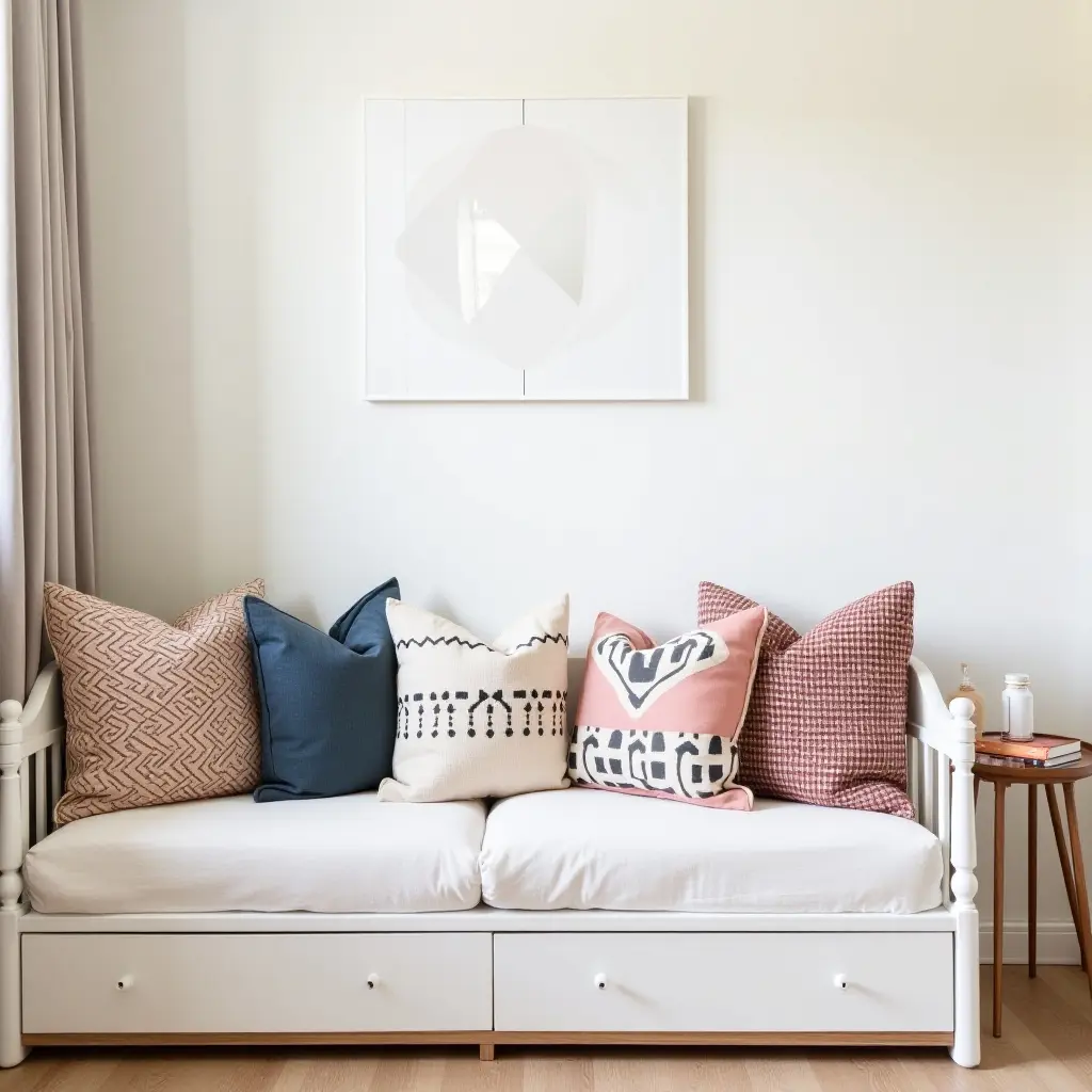 a photo of a bohemian nursery with eclectic throw pillows on a daybed